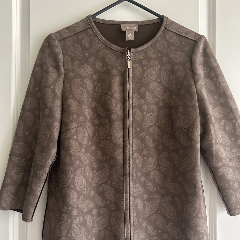 Chico’s Brown Paisley Faux Suede Zip-Up Jacket | Size 0 / Small Quiet Luxury